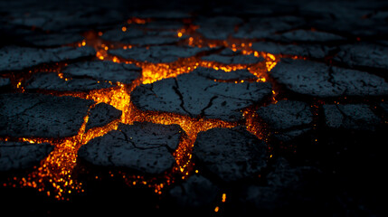 A cracked surface with an orange glow under the cracks, creating a dramatic contrast against a dark background