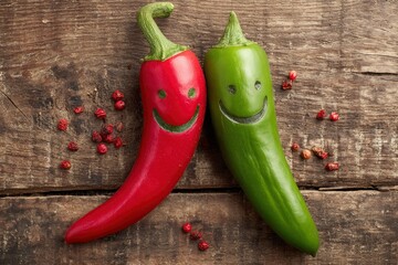 Two peppers red and green with carved smiley faces sit on rustic wood surrounded by small red berries