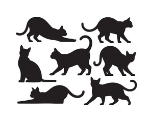 Black Cat Silhouettes Sitting, Stretching, and Walking Felines Isolated on a White Background