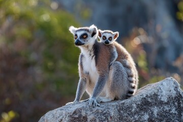 Two ringtailed lemurs one adult and one baby sit on a rock