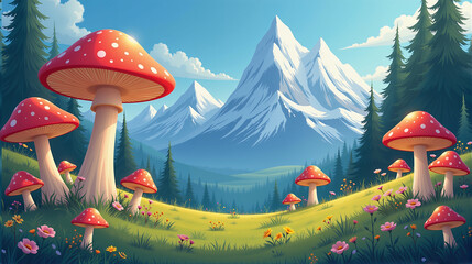 Fantasy Mountain Meadow with Giant Red Mushrooms