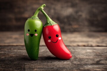 Two smiling chili peppers one green and one red lean against each other on a wooden surface