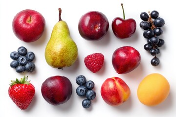 Varied fresh fruits arranged on a white surface including apple pear blueberries grapes raspberry and plum