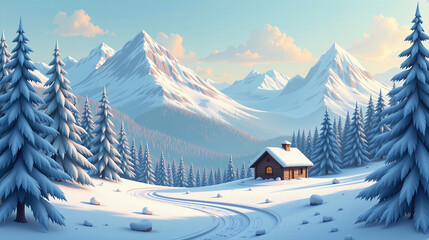 Snowy Mountain Cabin in Pine Forest with Winter Scenery