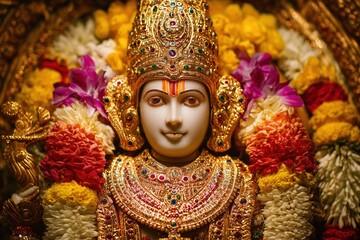 majestic idol of Lord Rama in traditional attire, adorned with vibrant flowers and jewels, surrounded by golden hues