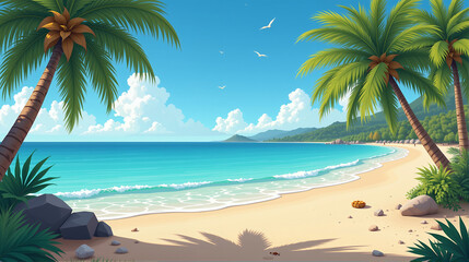Tropical Beach with Palm Trees and Turquoise Sea Under Blue Sky