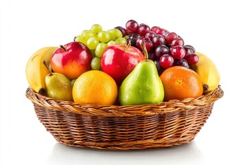 Wicker basket filled with assorted fruits apples bananas oranges pears and bunches of red and green grapes