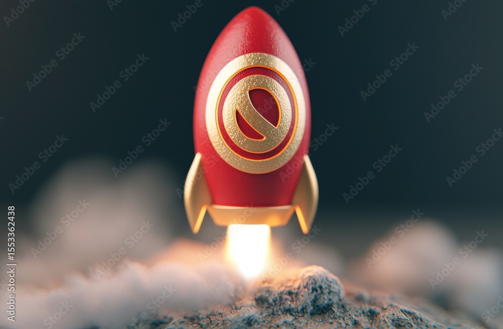 Poster red rocket launching into space with flames and clouds in background