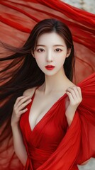 Elegant Woman in Red Dress with Flowing Fabric