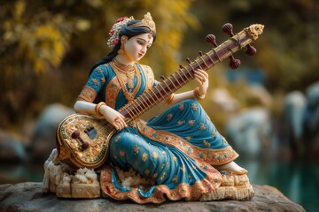 goddess saraswati sitting on a rock and playing a sitar, wearing a blue sari with a golden border