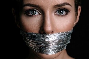 Woman with silver wrap covering mouth focused front shot