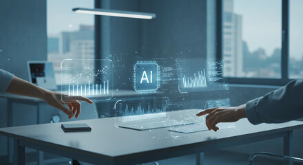 AIと人間の協働による未来のオフィス風景：ホログラフィック操作とデジタルUI