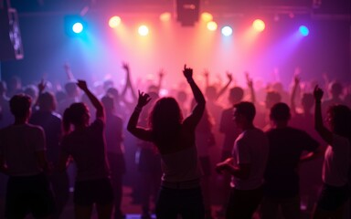 Crowd dancing under colorful lights at a lively party or concert. High quality