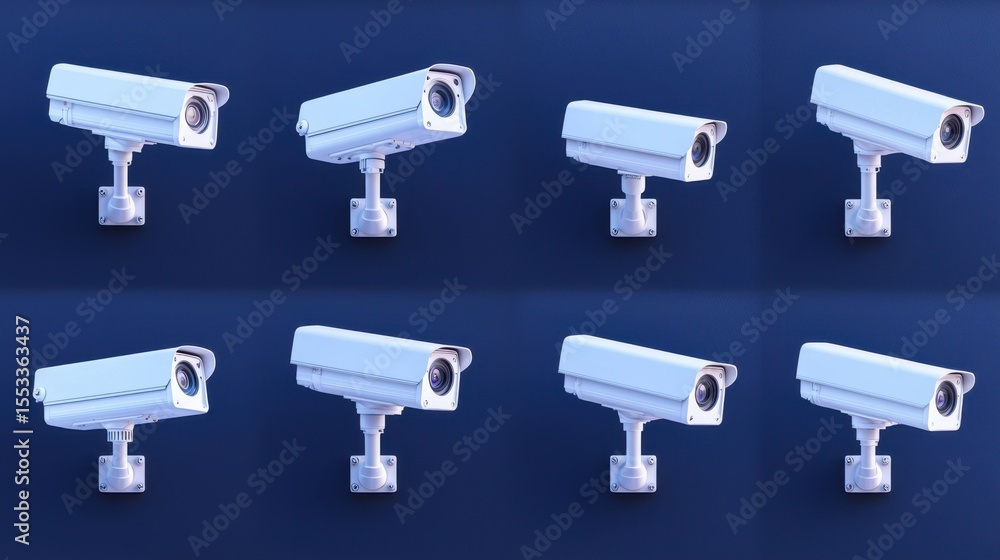Poster an array of modern white security surveillance mounted on a dark blue background representing advanc