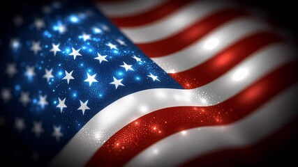 Glittering close-up of the United States flag with glowing stars and vibrant red, white, and blue stripes. Concept of patriotism, national pride and American identity
 - Powered by Adobe