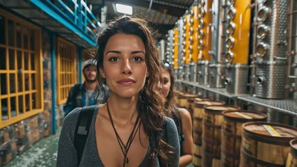 Young women exploring a distillery with large barrels and metal tanks, enjoying a guided tour experience. Concept of tourism, beverage production and experiential travel
