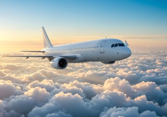 Obraz premium White Airplane Soaring Above Fluffy Clouds at Sunrise. Generative Ai