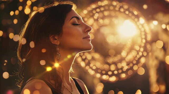 Woman meditation at sunset, glowing yoga mandala, spiritual nirvana awareness, mystical lights effects