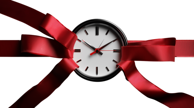 Clock icon wrapped in red ribbon, urgency and time management concept, PNG format