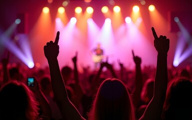 cheerful crowd with raised hands in front of the stage. musical concert of a popular artist. festival banner. High quality