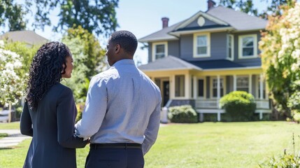 A couple standing in front of a house, looking at it. The setting is a suburban neighborhood with a green lawn and trees.