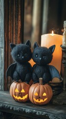 Adorable Black Bat Plushies Perched on Illuminated Jack-o'-lanterns for Halloween