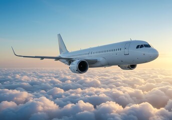 Obraz premium White Airplane Soaring Above Fluffy Clouds at Sunrise. Generative Ai