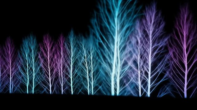 Glowing Neon Trees at Night - A row of bare trees illuminated with vibrant neon pink and blue light against a completely black background.