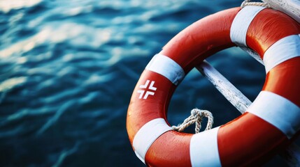 A red and white life buoy floating on calm water.