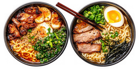 Delicious Ramen Bowls with Egg and Meat, Top View  isolated on white png transparent background	