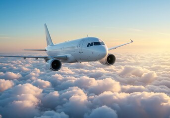 Obraz premium White Airplane Soaring Above Fluffy Clouds at Sunrise. Generative Ai