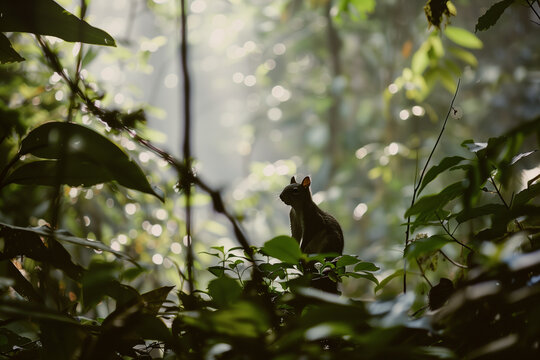 Squirrel navigating through tree branches with high intelligence in European forest during cold weather animal behavior study