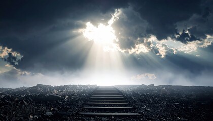 Dramatic Sunlight Through Dark Clouds On Railroad Tracks