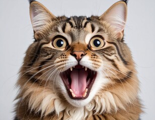 Close-up photo of a surprised cat with wide open eyes and mouth agape, high detail fur texture, studio lighting, sharp focus on face, neutral background