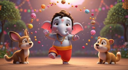 Naklejka premium Cute animated baby elephant with dogs playing and colorful balls in a festive outdoor setting