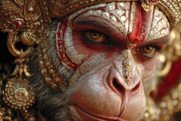 Close-up portrait of Lord Hanuman, an Indian god, with red skin, wearing an ornate golden headdress