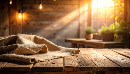 Rustic Wooden Table Setting With Burlap Cloth And Sunlight