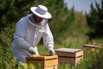 Beekeeper tending to hives in sunny garden on a clear day