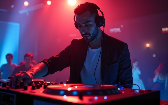 Charismatic disc jockey at the turntable. DJ plays on the best, famous CD players at nightclub during party. EDM, party concept. High quality