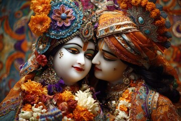 Close-up of Lord Krishna and Radha, dressed in vibrant orange attire adorned with intricate floral patterns