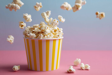 Popcorn exploding from striped bucket on colorful background