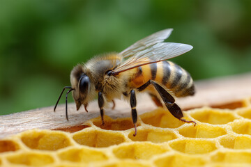 Close-up view of a bee working on honeycomb in nature