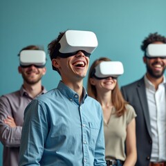 group of people wearing virtual reality glasses