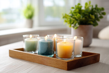 Relaxing candle display on wooden tray with plants in background