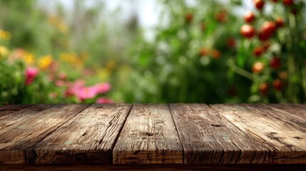 Rustic wooden table in garden setting