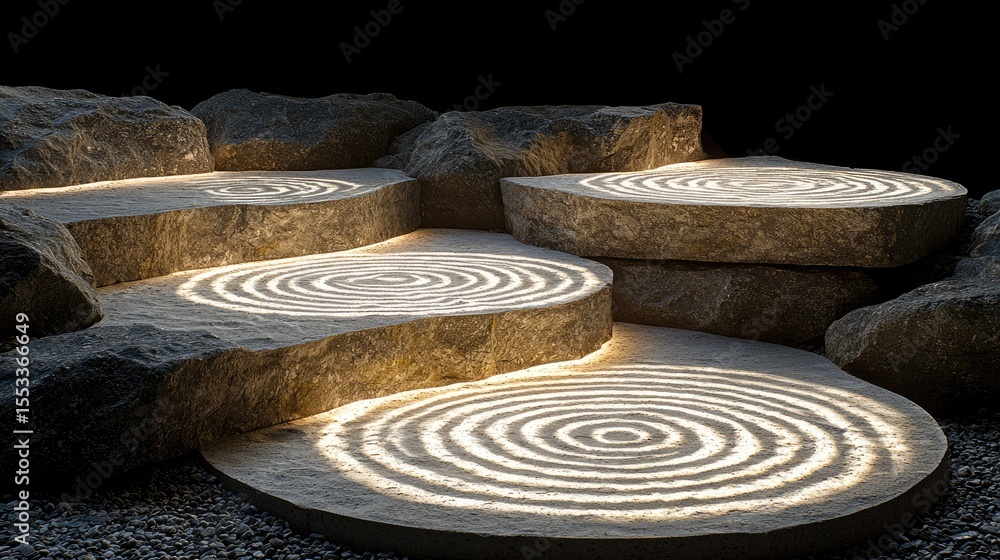 Poster stone steps with illuminated circular patterns.