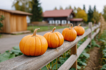 Pumpkins lining a wooden fence on a crisp autumn day