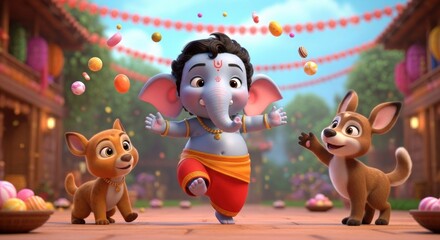 animated joyful elephant child dancing with puppies in festive decorated street setting
