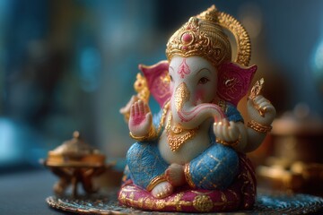 Ganesha statue with gold, pink and blue colors, on an elegant table with Indian elements, blurred background