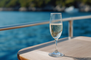 Sparkling wine on a boat with a serene blue background